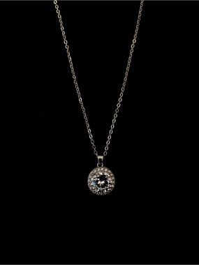 Silver-Tone Pavé Halo Solitaire Pendant Necklace with Clear Crystal